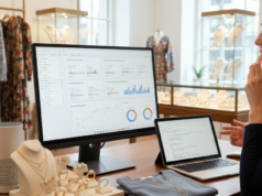 Talk to your wardrobe : A guide to Voice Search Optimization for Modern Retail Stores A customer using smartphone voice search inside a high-end apparel and jewelry boutique."